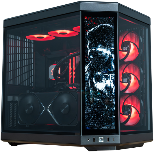 PowerGPU Antihero V2 RTX 5090 gaming PC, black case with red LED lighting and portrait graphic panel
