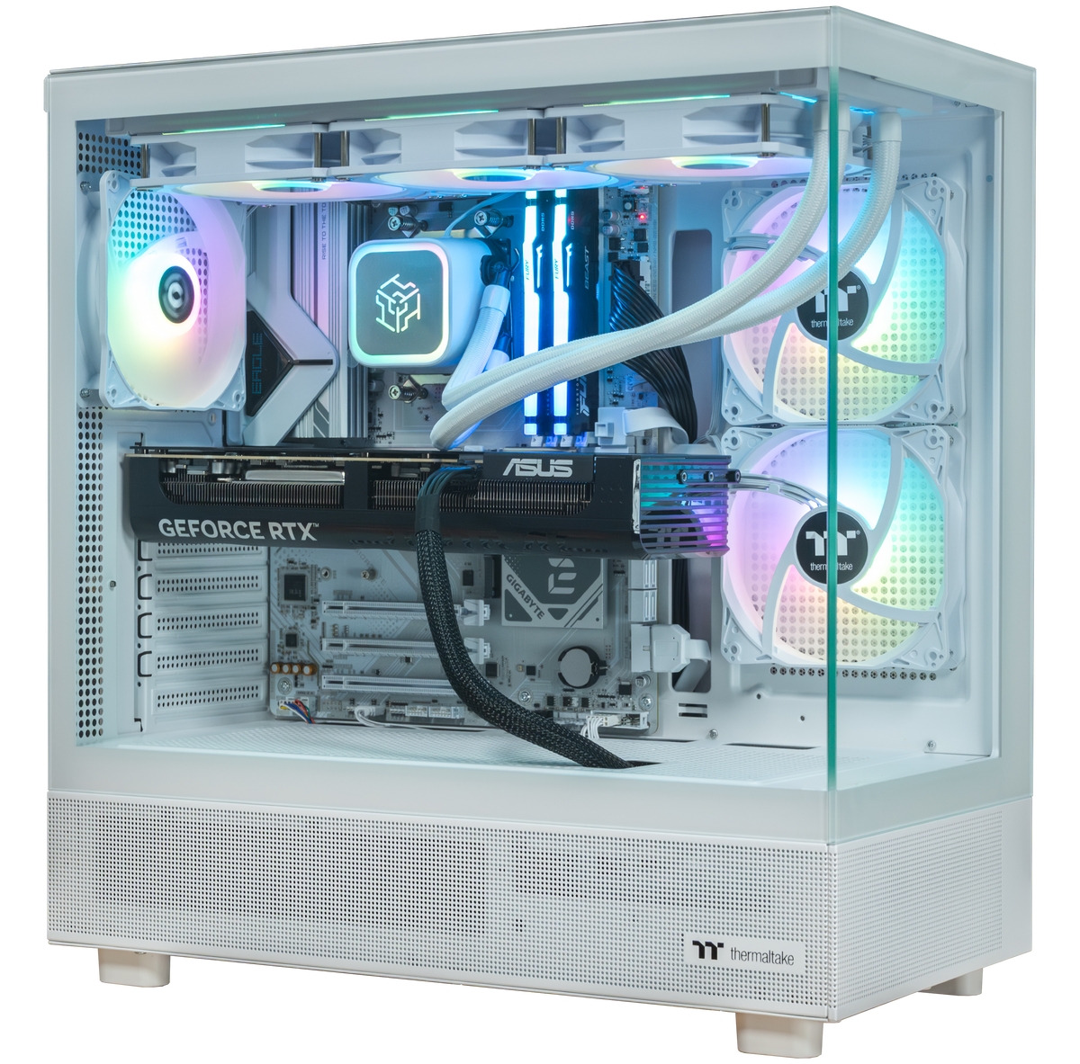 PowerGPU Aurora RTX 5080 gaming PC, white case with RGB lighting and Asus GeForce RTX graphics card