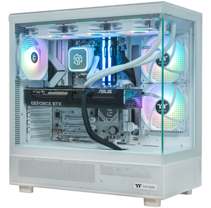 PowerGPU Aurora RTX 5080 gaming PC, white case with RGB lighting and Asus GeForce RTX graphics card