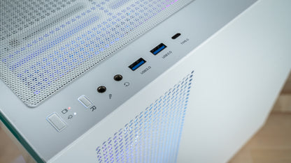 Top I/O panel of the PowerGPU Aurora RTX 5080 gaming PC with USB-C and USB 3.0 ports