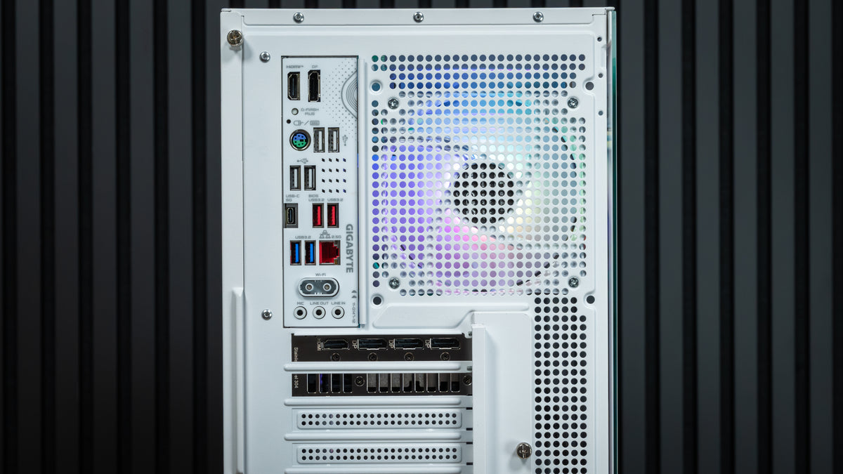 Rear panel of the PowerGPU Aurora RTX 5080 gaming PC with Gigabyte motherboard I/O