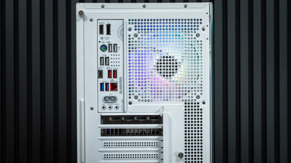Rear panel of the PowerGPU Aurora RTX 5080 gaming PC with Gigabyte motherboard I/O
