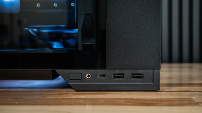 Front I/O panel of the PowerGPU Nox RTX 5070 gaming PC with USB ports and headphone jack