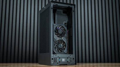 VAPOR CHAMBER RX 9060 XT Gaming PC – angled view on desk