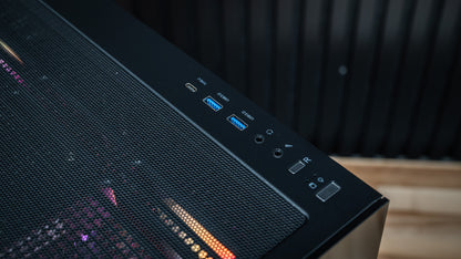 Night Hawk gaming PC top front I/O panel with USB-C, USB 3.0 ports, audio jacks and power button