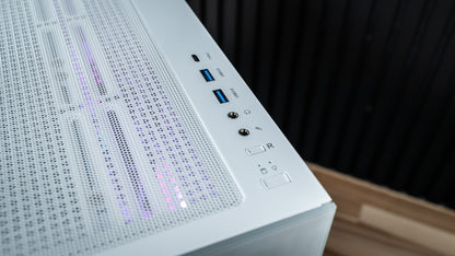 Snow Hawk white gaming PC top front I/O panel with USB-C, USB 3.0 ports, audio jacks and power button