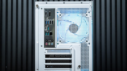 Rear view of the white Snow Hawk gaming PC showing motherboard I/O ports and RGB exhaust fan