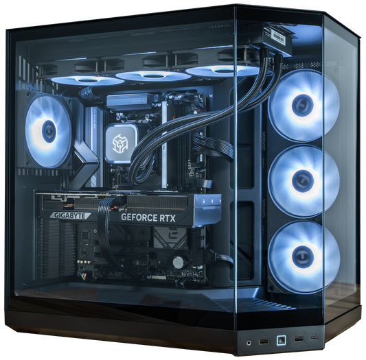 High-end gaming PC tower with a transparent side panel, showcasing a fully assembled interior with blue LED-lit fans, a liquid CPU cooler, and a Gigabyte GeForce RTX graphics card, set against a plain white background