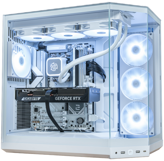 PowerGPU Lumen RTX 5070 gaming PC in a clear glass case with white front panel, liquid CPU cooler, Gigabyte GeForce RTX 5070 graphics card, and illuminated white fans