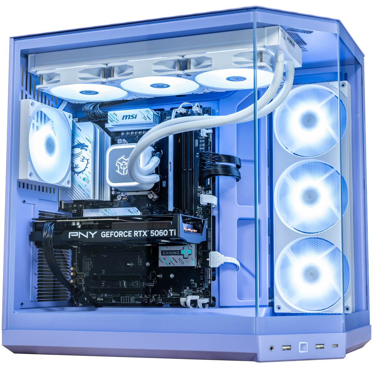 A custom desktop PC inside a translucent lavender-blue side-panel case, featuring a white liquid CPU cooler, white fans, an MSI motherboard, and a PNY GeForce RTX 5060 Ti graphics card.