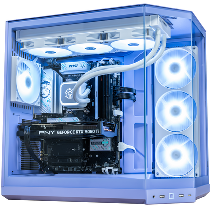 A custom desktop PC inside a translucent lavender-blue side-panel case, featuring a white liquid CPU cooler, white fans, an MSI motherboard, and a PNY GeForce RTX 5060 Ti graphics card.