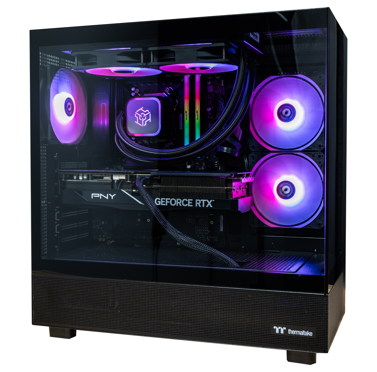 PowerGPU Night Hawk RTX 5070 Ti gaming PC in a black Thermaltake View 270 Plus case with pink and purple ARGB fans