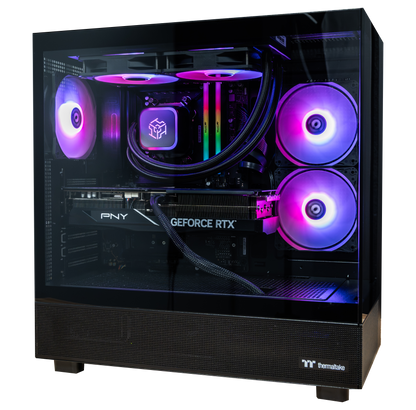 PowerGPU Night Hawk RTX 5070 Ti gaming PC in a black Thermaltake View 270 Plus case with pink and purple ARGB fans