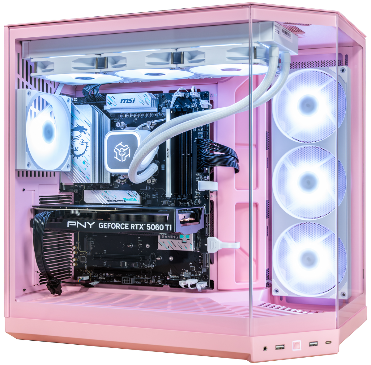 Pink desktop PC case with a clear side panel, showcasing a custom build with a white liquid CPU cooler, MSI motherboard, PNY GeForce RTX 5060 Ti graphics card, and multiple white LED fans