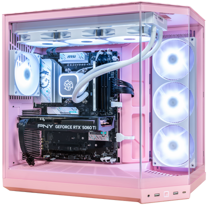 Pink desktop PC case with a clear side panel, showcasing a custom build with a white liquid CPU cooler, MSI motherboard, PNY GeForce RTX 5060 Ti graphics card, and multiple white LED fans