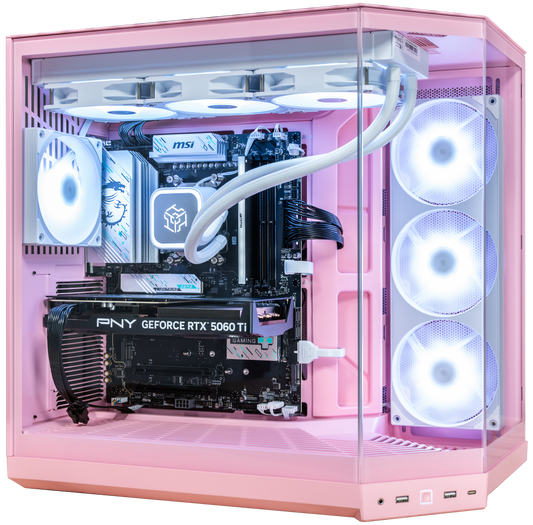 Pink desktop PC case with a clear side panel, showcasing a custom build with a white liquid CPU cooler, MSI motherboard, PNY GeForce RTX 5060 Ti graphics card, and multiple white LED fans