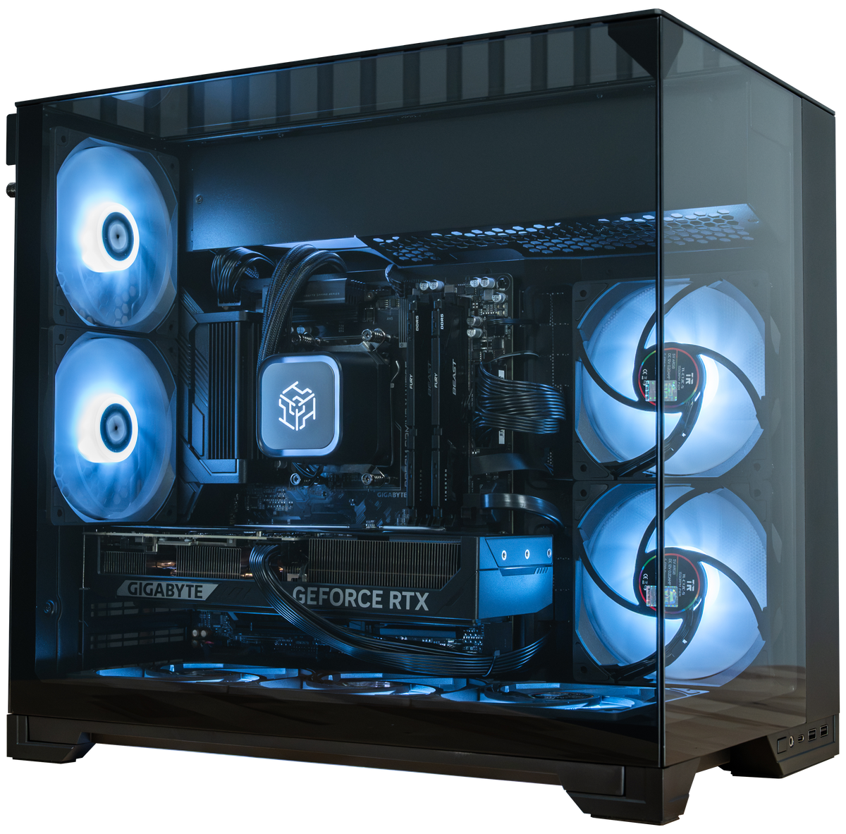 PowerGPU Nox RTX 5070 gaming PC, black case with blue LED fans