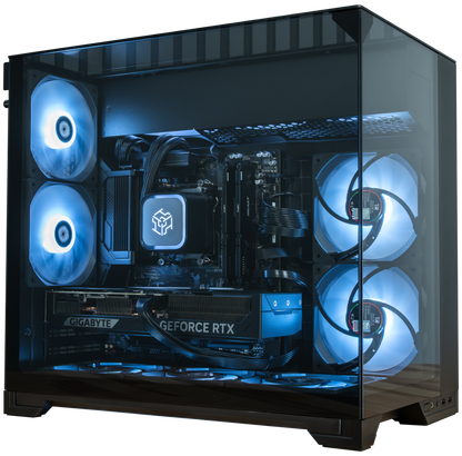 PowerGPU Nox RTX 5070 gaming PC, black case with blue LED fans
