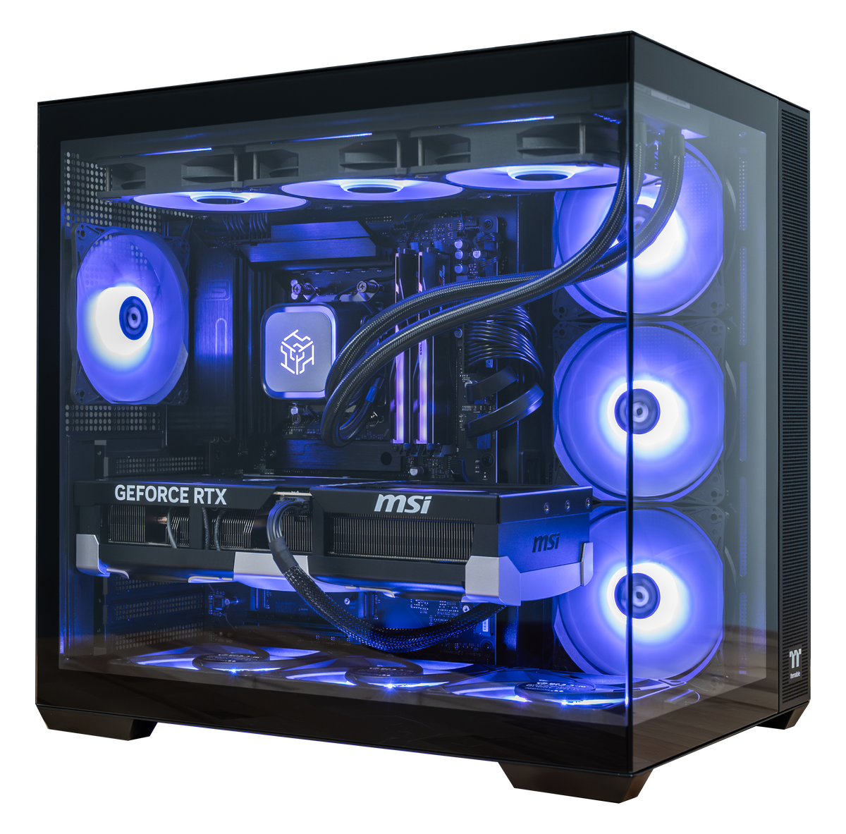 PowerGPU Azul RTX 5090 gaming PC in a black Thermaltake dual-glass case with blue ARGB fans, MSI GeForce RTX 5090 graphics card and 360mm liquid CPU cooler