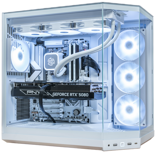 PowerGPU Radiant RTX 5080 gaming PC, white case with PNY GeForce RTX 5080 card and white RGB fans