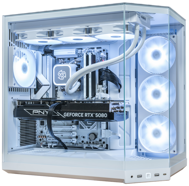 PowerGPU Radiant RTX 5080 gaming PC, white case with PNY GeForce RTX 5080 card and white RGB fans