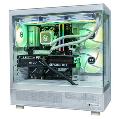 PowerGPU Snow Hawk RTX 5070 Ti gaming PC in a white Thermaltake View 270 Plus case with white 360mm liquid cooler and green RGB lighting