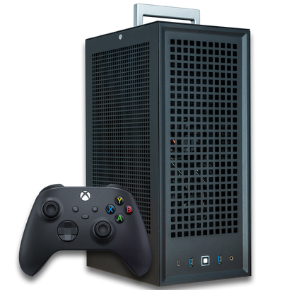 VAPOR CHAMBER RX 9060 XT Gaming PC shown next to an Xbox controller for size comparison