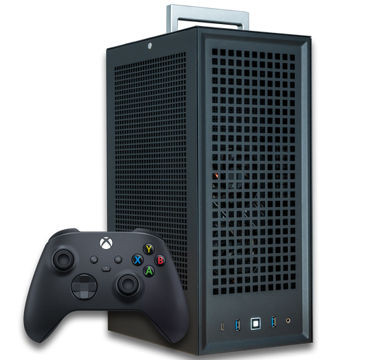 VAPOR CHAMBER RX 9060 XT Gaming PC shown next to an Xbox controller for size comparison