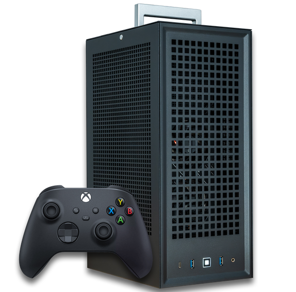 VAPOR CHAMBER RX 9060 XT Gaming PC shown next to an Xbox controller for size comparison