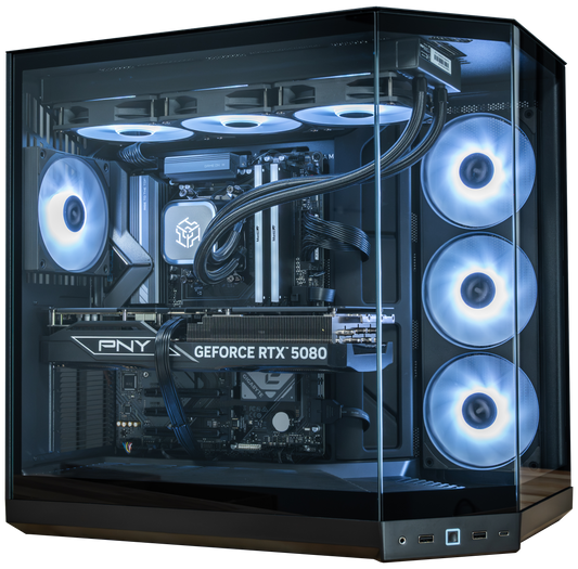 PowerGPU Void RTX 5080 gaming PC, black case with PNY GeForce RTX 5080 card and blue RGB fans