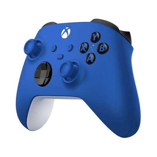 Blue Xbox wireless controller with black accents and white grips, front view on transparent background